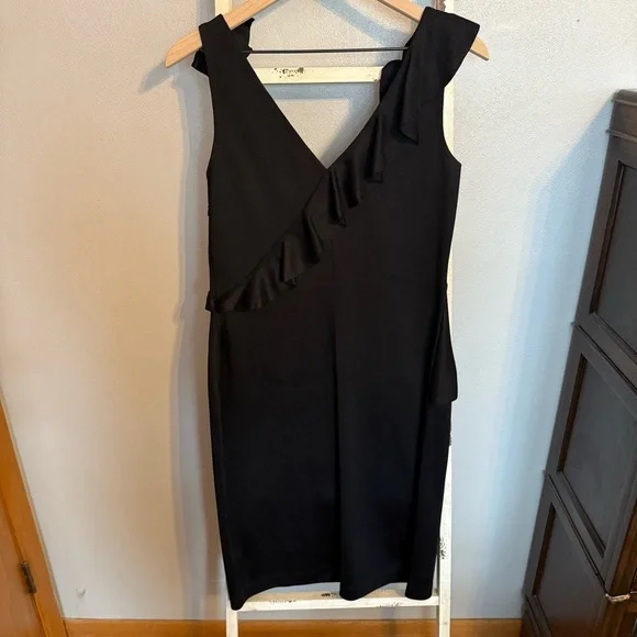 St. John Black Luster Knit Ruffle Cocktail Dress Size 8 Women - Picture 3 of 12